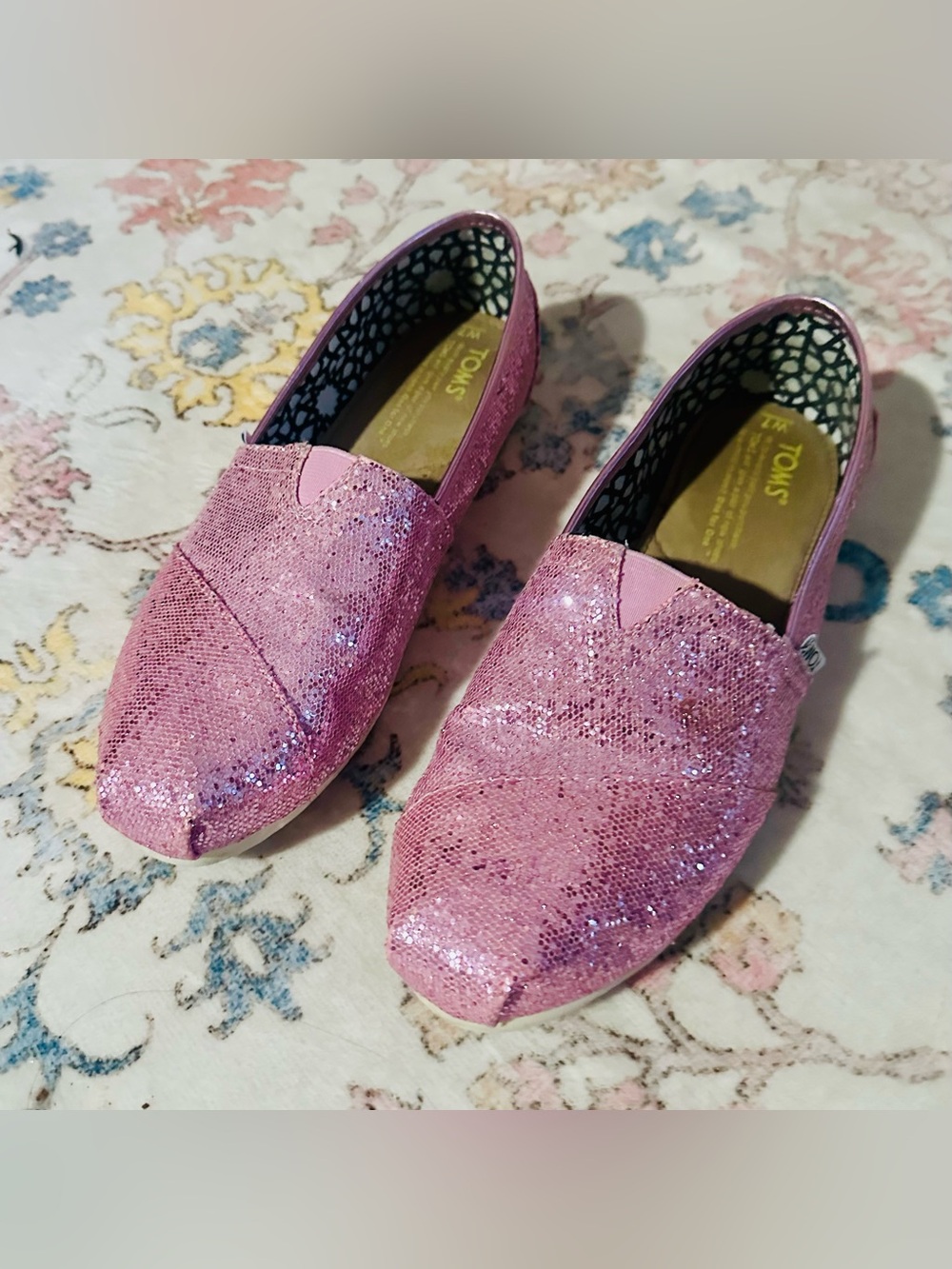 Toms Womens Pink Sparkle Slip-On Loafers Shoes W7